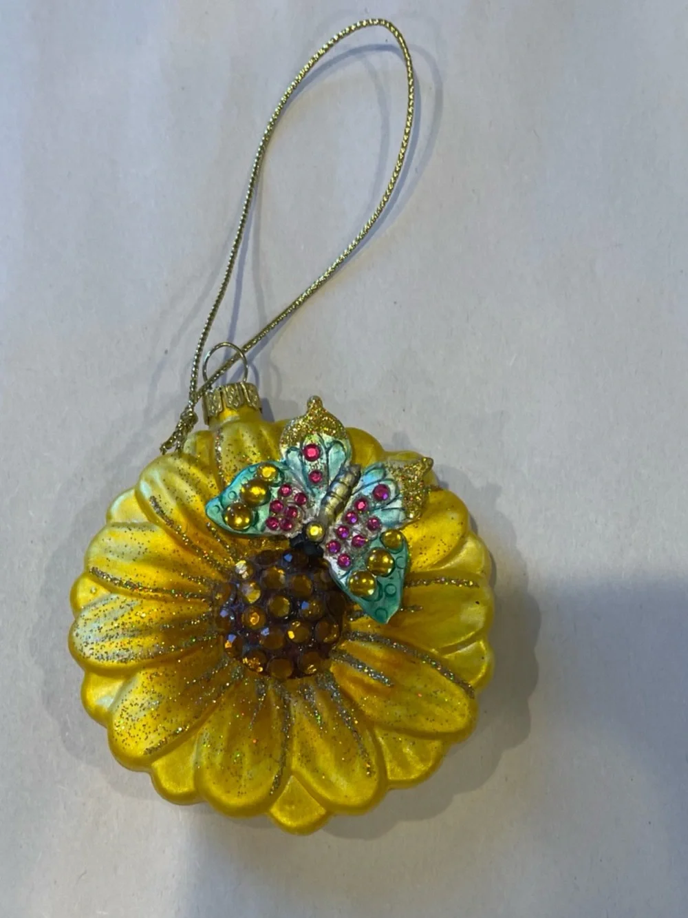Handblown Glass  Butterfly On A Flower Christmas Ornament